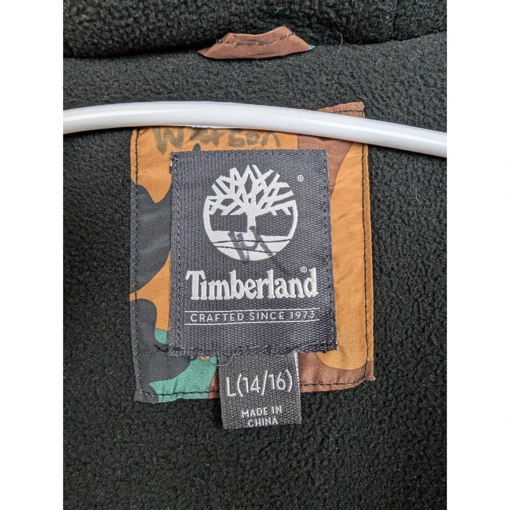 Timberland Boys Camo‎ Parka Jacket Large 14/16 full zip Hooded Outdoor Coat